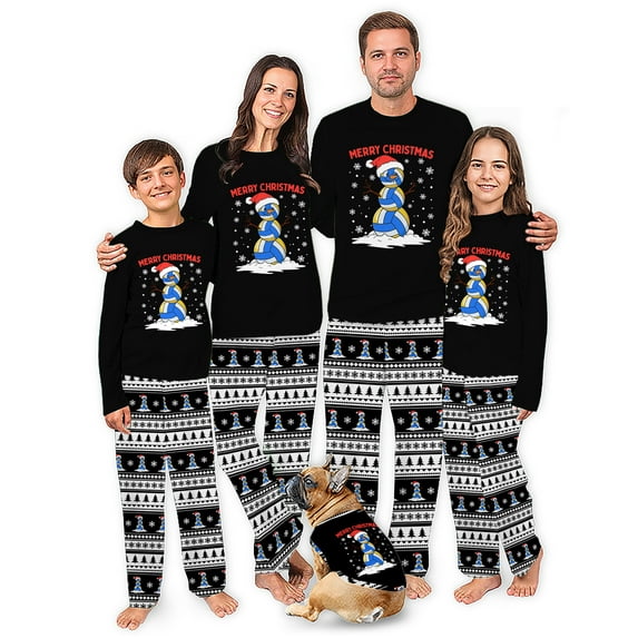 Family Matching Volleyball Themed Christmas Pajama Set, Black with Festive Snowman Volleyball Design and Pet Outfit