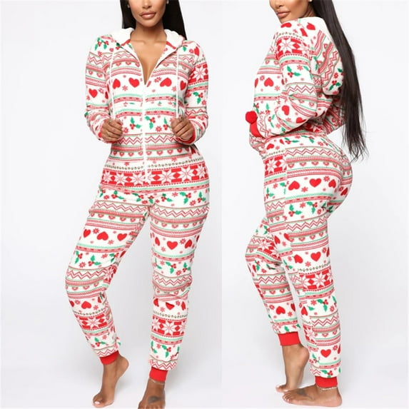 Family Matching Women Holiday Romper Christmas Pyjamas Xmas Nightwear Jumpsuits Long Sleeve Hooded Ladies Winter Warm Homewear