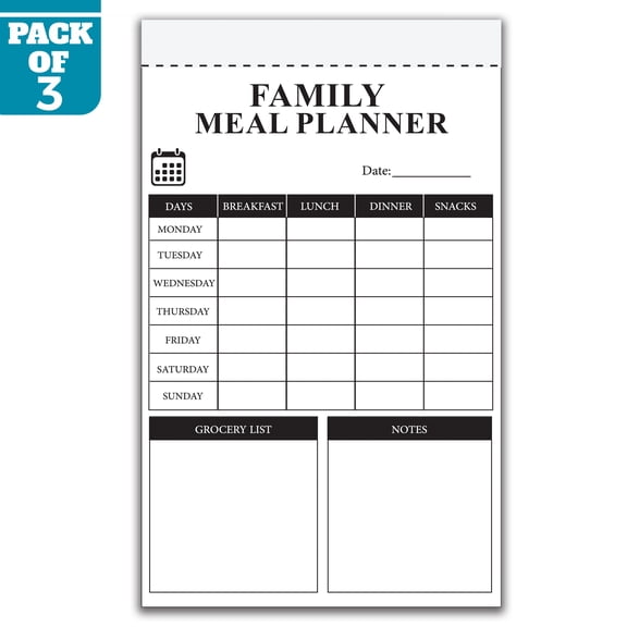 Family Meal Planner Notepad 5.5 x 8.5 Inch, Pack of 3 Weekly Meal Planning Pads, 50 Sheets Per Pad, Meal Prep Organizer with Grocery List for Home, Kitchen, Family, Made in USA