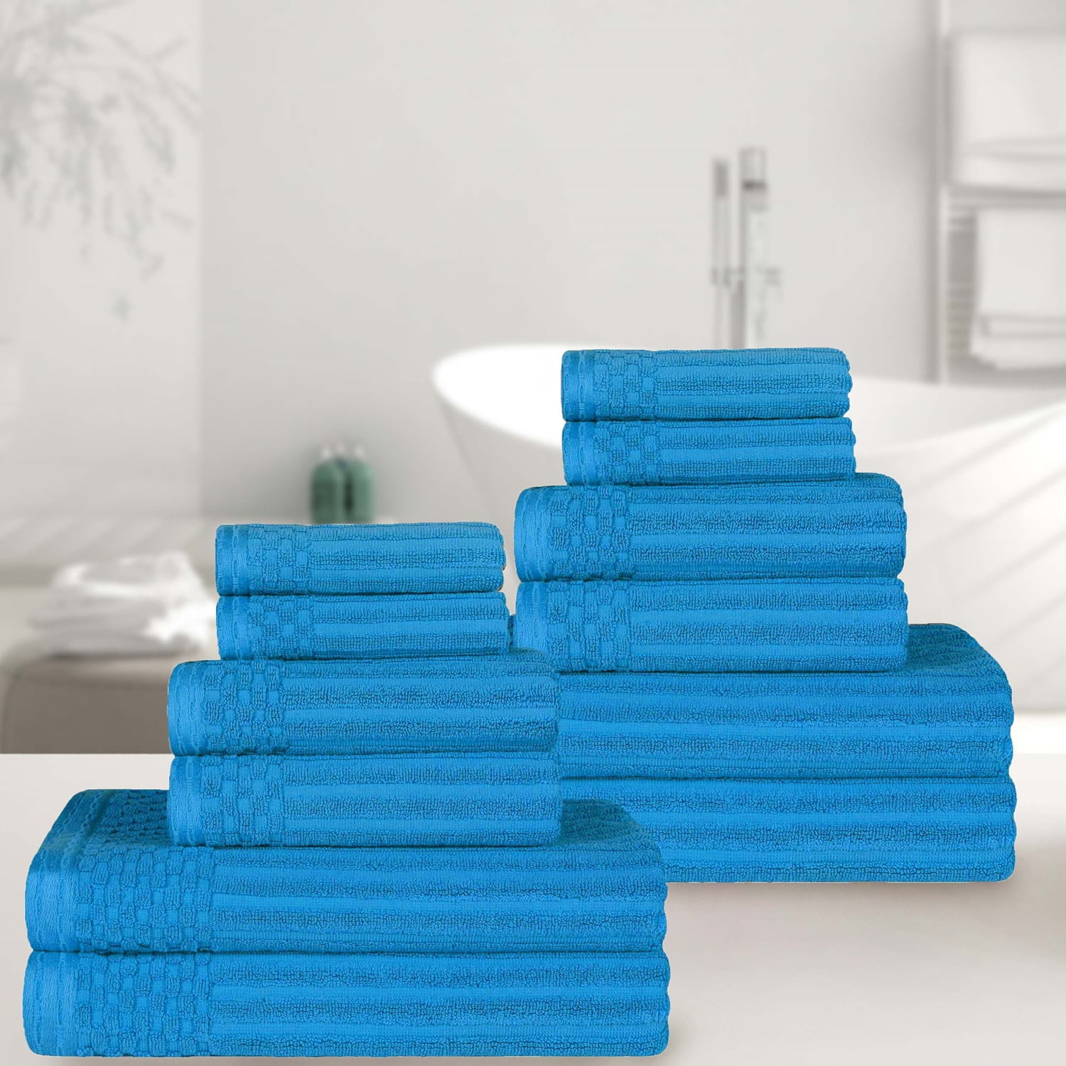 Azure Cotton 12-Piece Ribbed and Checkered Towel Set