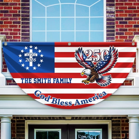 Family Name 250th Patriot Eagle Flag, God Bless America Non-Pleated Fan Flag, Personalized Patriot Semi Circle Flag