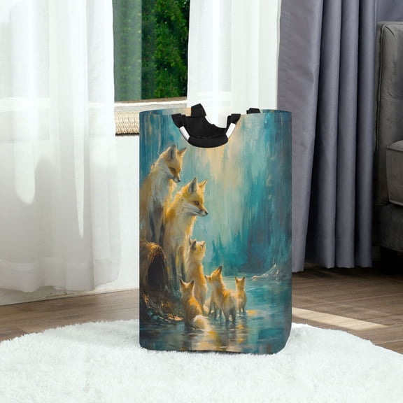 Family Of Foxes Foldable Laundry Hamper 12.6x11x22.7in with Handles for Bathroom Bedroom Storage