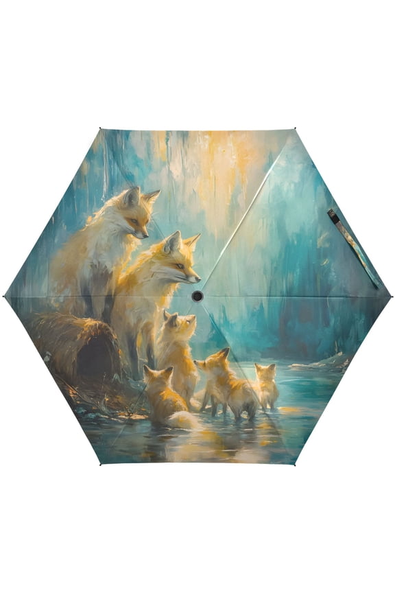 Family Of Foxes Umbrellas for Sun Auto Open Close UV50+ Waterproof 5-Fold Compact Fiberglass Frame
