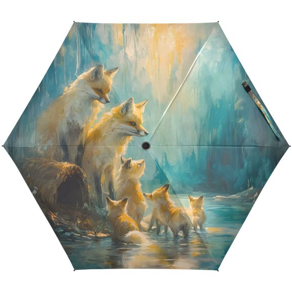 Family Of Foxes Umbrellas for Sun Auto Open Close UV50+ Waterproof 5-Fold Compact Fiberglass Frame