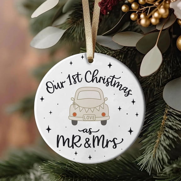 89Bloom Our 1st Christmas as Mr and Mrs Vintage Car Round Ceramic Christmas Ornament