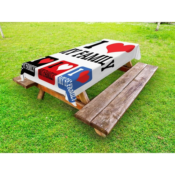 Family Outdoor Tablecloth, Signs and Labels I Love My Family Emblems Stamp Colorful Retro Classic Composition, Decorative Washable Fabric Picnic Tablecloth, 58 X 120 Inches, Multicolor, by Ambesonne