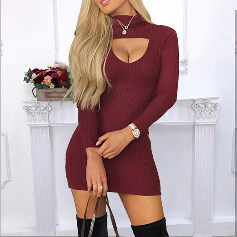 Family Pajama Party Juebong Women s Floral Print Turtleneck Long Sleeve Dress Fashion Sexy Slim Solid Color Hollow Out Front Mini Dress for Long Boots Walmart