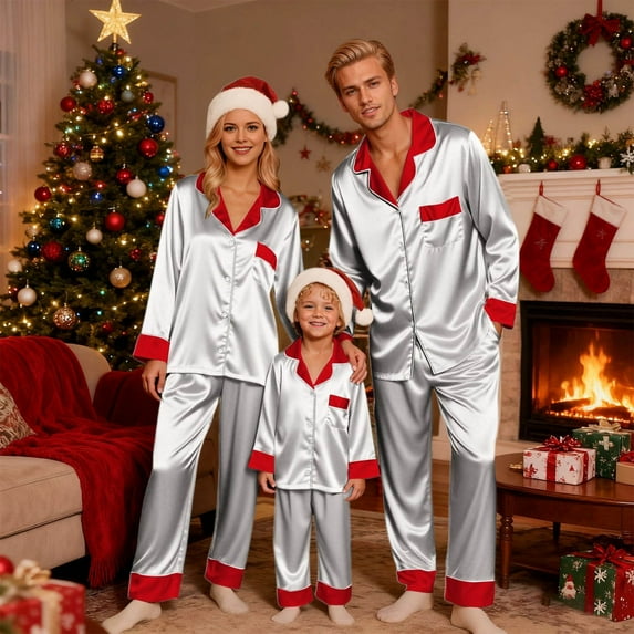 Family Pajamas Christmas Satin Christmas Pjs Holiday Long Sleeve Button down Sleepwear Family Matching Outfits Christmas Pajamas Womens