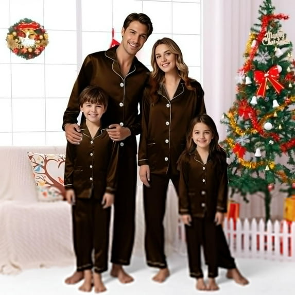 Family Pajamas Christmas Satin Pajamas Long Sleeve Button-Down Nightwear Mommy and Me Pjs Mens Christmas Pajamas
