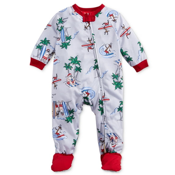 Family Pajamas Infants Surfing Santa Footed Pajamas, Gray, 12 Months