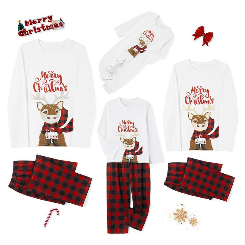 Family Pajamas Matching Set Christmas Elk Print Long Sleeve Tops and ...