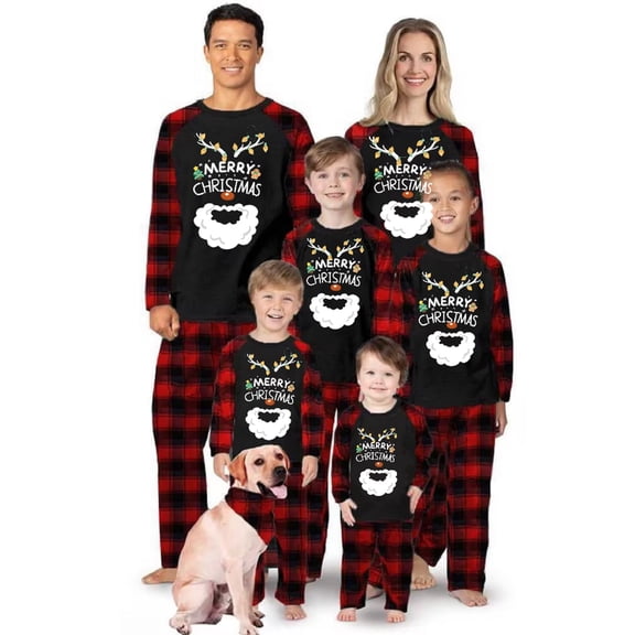 Family Pajamas Matching Set Christmas Letter Print Tops Elastic Plaid Pants Loungewear Sleepwear