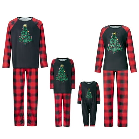 Family Pajamas Matching Set, Xmas Tree Print Raglan Sleeve Tops and Elastic Plaid Pants Loungewear Soft Sleepwear