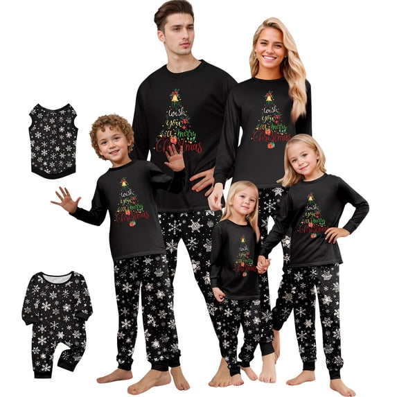 Family Pajamas Matching Sets - 2 piece Black Christmas Tree Print Long Sleeve Top and Pants Loungewear, Merry Christmas Festivel Theme Gifts for Whole Family for S Pjs