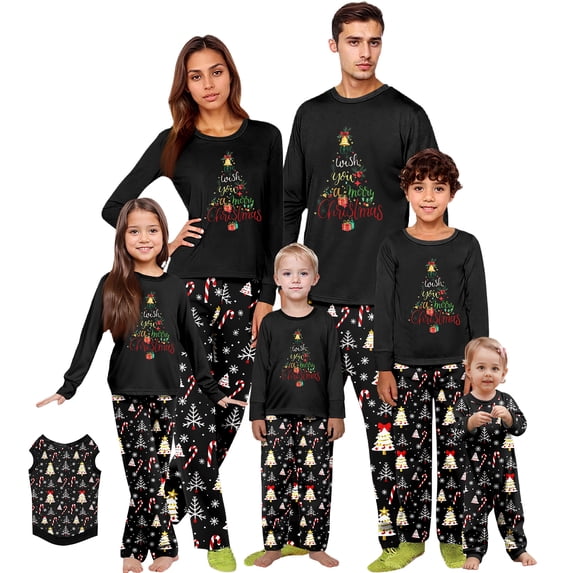 Family Pajamas Matching Sets - 2 piece Black Christmas Tree with Santa Hat Print Long Sleeve Top and Pants Pjs, Matching Pajamas for Family Holiday Eve for XL Pjs
