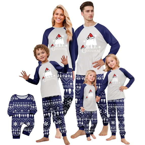 Family Pajamas Matching Sets - 2 piece Blue Christmas Tree Print Long Sleeve Tops + Pants Sleepwear, Holiday Cartoon Cute Print Matching Family Christmas Pajamas for 3XL Pjs