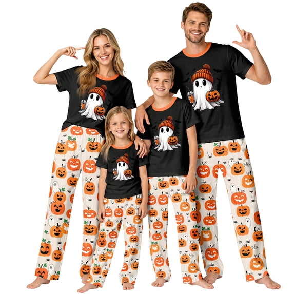 Family Pajamas Matching Sets - 2 piece Ghost with Pumpkin Short Sleeve Top and Pants ,Matching Halloween Pjs for Family Couples Women Men for 2XL Pjs