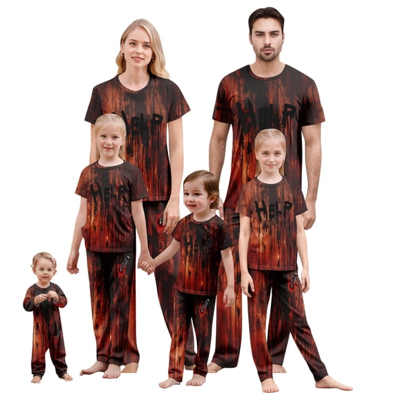 Family Pajamas Matching Sets - 2 piece "Help" Print Short Sleeved Top Pants Loungewear Set, Matching Family Pjs for Halloween Nights for S Pjs