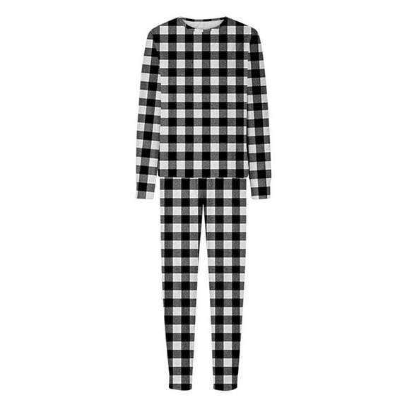 Family Pajamas Matching Sets Christmas Pjs Set Solid Color Long Sleeve Shirt and Pant Loungewear Sleepwear (Kid:8Y, Black-Plaid)