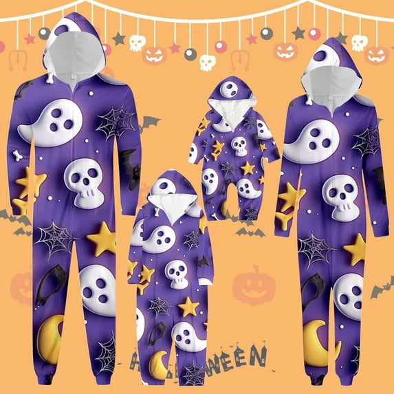 Family Pajamas Matching Sets Ghost Print Pajamas Hooded Halloween Onesies Loungewear Sleepwear Matching Pajamas for Family S