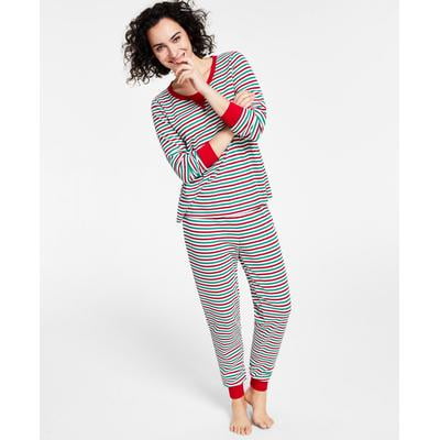 Family Pajamas Matching Women's Thermal Waffle Holiday Stripe Pajama Set, Bright White XL