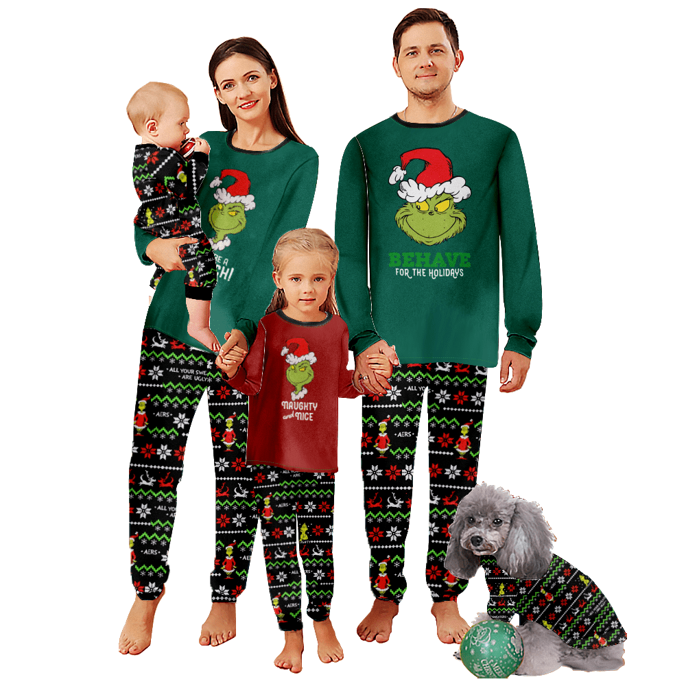 Family Pajamas Set Grinch Green Hair Monster Family Christmas PJs