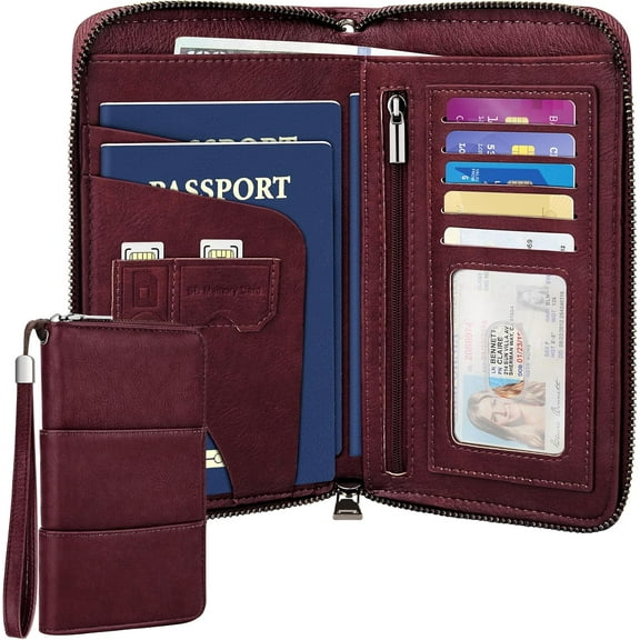 Family Passport Holder Wallet with Zipper, RFID Blocking Travel Document Organizer, PU Leather Passport Wallet for Women Men, Passport Cover Travel Wallet for Boarding Pass, ID, Money, Tickets