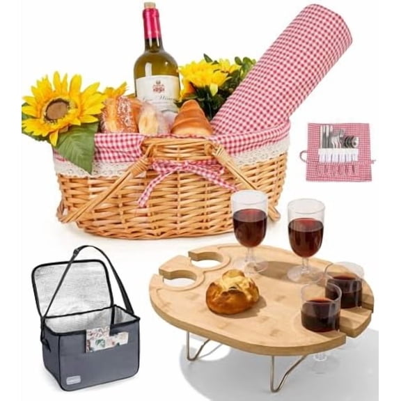 Family Picnic Basket for 4 with Table and Blanket Collapsible Cooler Bag Insulated Picnic Set for Beach Picnic Hamper Picnic Date Essentials for Outdoor Picnic Accessories$$Garden &