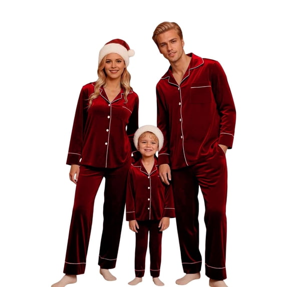 Family Pjs Matching Sets Christmas Velvet Pajamas Long Sleeve Button down Sleepwear Winter Warm Soft Fleece Set Matching Holiday Pajamas for Couples