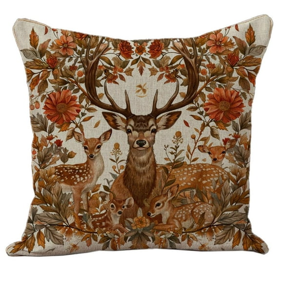 Family Portrait Deer with Antlers 11CT DIY Stamped Cross Stitch Pillow Kits Embroidery Pillowcase Counted Needlepoint Handmade Cushion Cover Home Sofa Christmas Decoration 18x18inch(2)