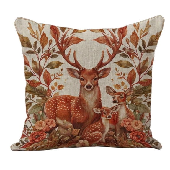 Family Portrait Deer with Antlers 11CT DIY Stamped Cross Stitch Pillow Kits Embroidery Pillowcase Counted Needlepoint Handmade Cushion Cover Home Sofa Christmas Decoration 17x17inch