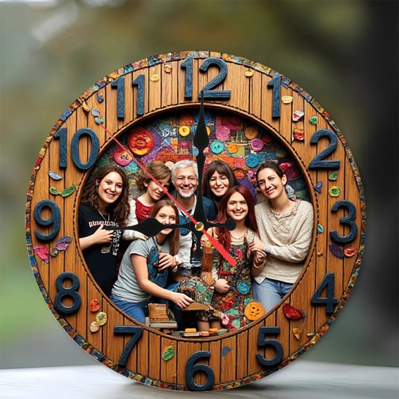 Family Portrait Wooden Clock Wall Decor 10-Inch Silent Wooden Wall Clock, Battery Operated (AA Batteries Not Included), Artistic Home Decor