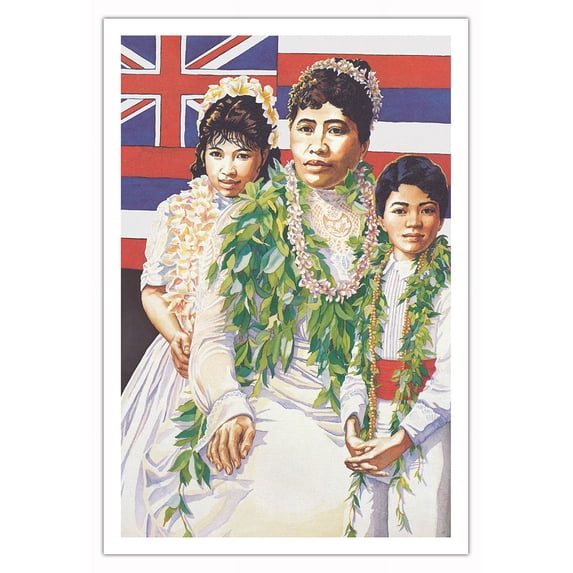 Family of the Queen (Ka ʻOhana ʻO Liliʻuokalani) - Hawaiian Flag - From an Original Watercolor Painting by Janet Stewart - Fine Art Matte Paper Print (Unframed) 30x44in