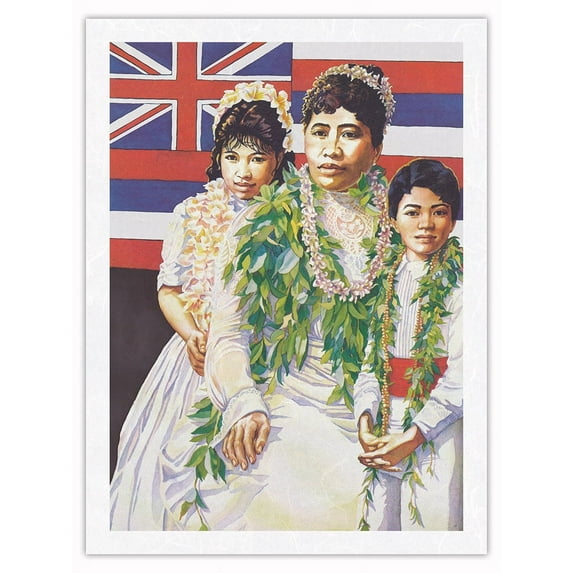 Family of the Queen (Ka ʻOhana ʻO Liliʻuokalani) - Hawaiian Flag - From an Original Watercolor Painting by Janet Stewart - Japanese Unryu Rice Paper Art Print 24 x 32 in
