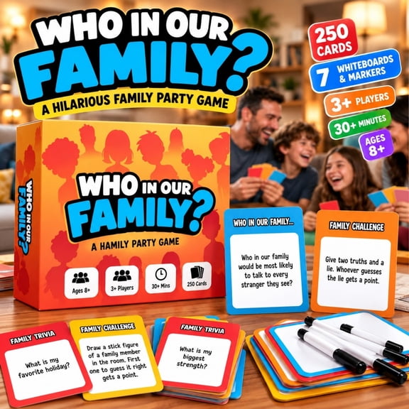 Family Question Game, Who in Our Family? Family Party Game with Trivia, Challenges, 250 Cards and 7 Whiteboards