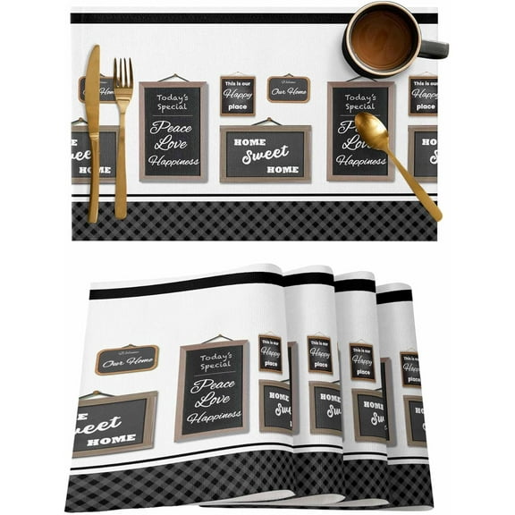 Family Quotations Placemats Set of 6,Washable Woven Burlap Cloth Fabric Placemat for Square/Rectangle/Round/Oval Dining Table,Easy Clean Place Mats for Kids Modern Motivational Quote Black Grid