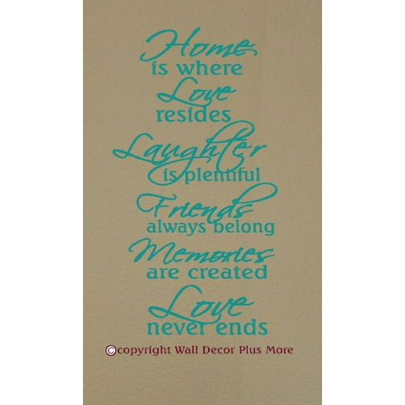 Family Quote Home Is Where Love Never Ends Wall Decals Sticker Art, 23x13-Inch, Turquoise