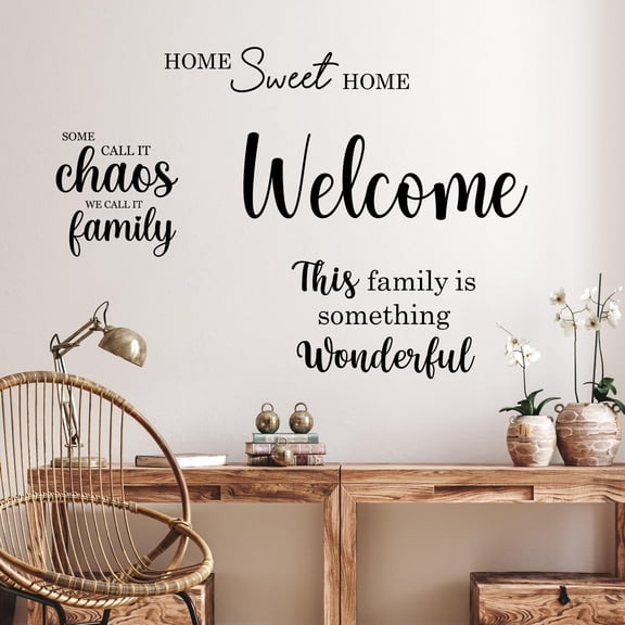 Family Quotes Wall Decals - Set of 4 Black Vinyl Wall Stickers for Kitchen, Entryway, Living Room - Welcome, Home Sweet Home, Chaos, Something Wonderful