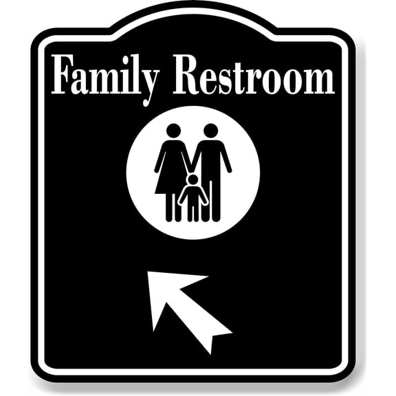 Family Restroom 45 Degree Up Left Arrow BLACK Aluminum Composite Sign, 8.5"x10"