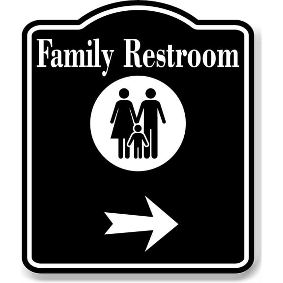 Family Restroom Right Arrow BLACK Aluminum Composite Sign, 15"x18"