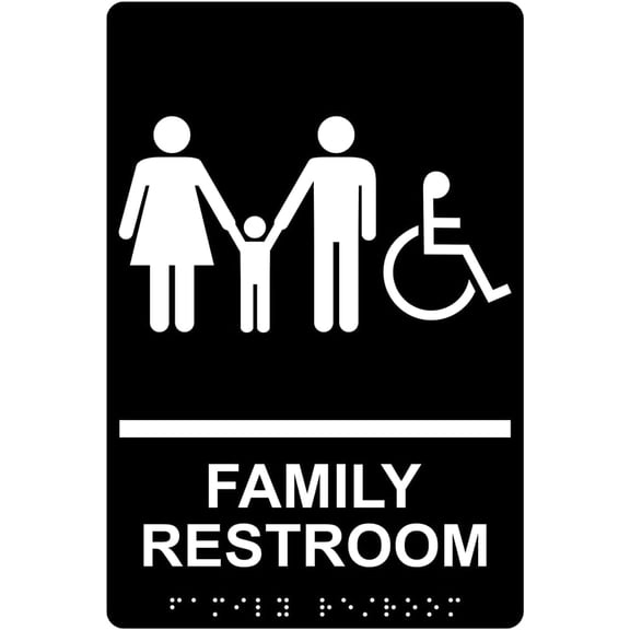 Family Restroom Sign, ADA-Compliant Braille and Raised Letters, 9x6 inch White on Black with Adhesive Mounting Strips