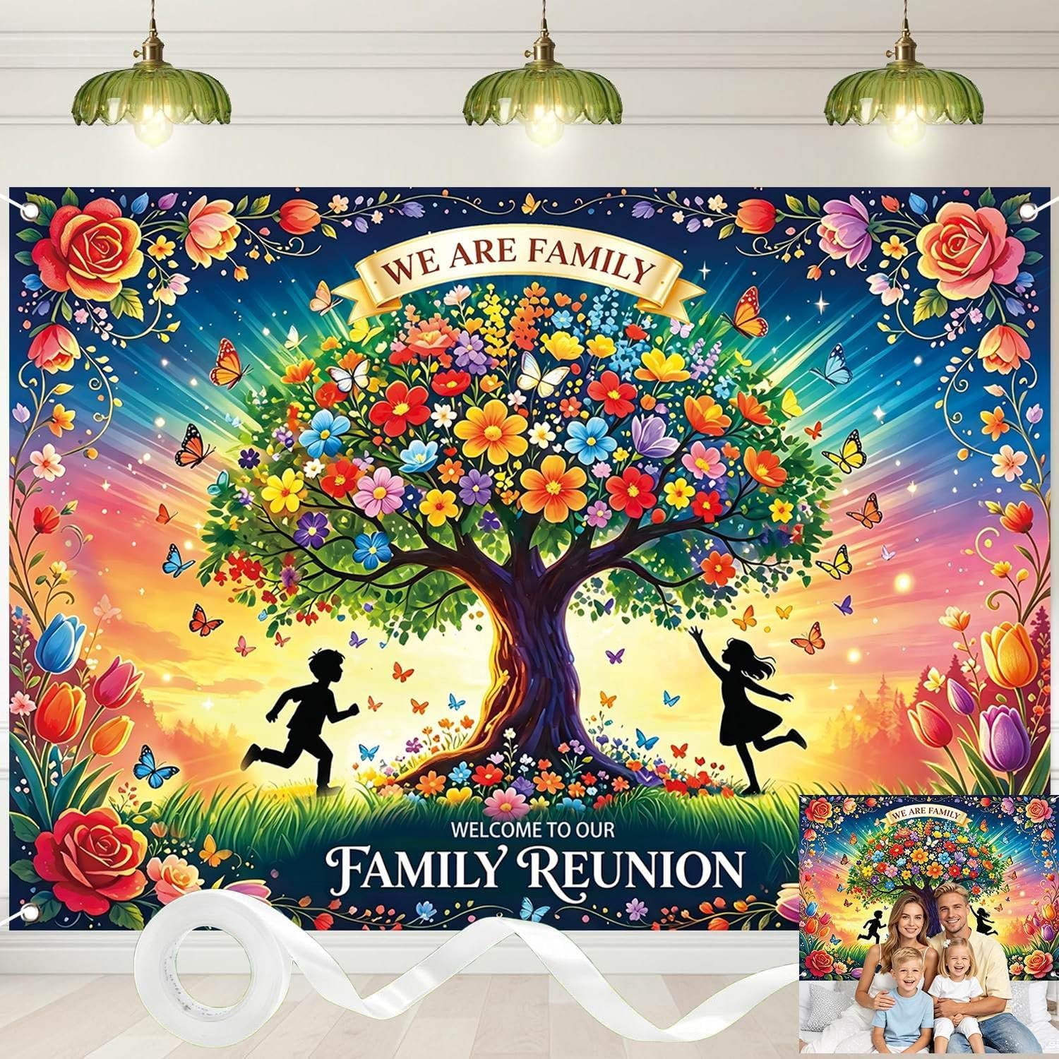 Background Booth Simple Family Reunion Backdrop Colorful Floral Tree Butterfly Background ...