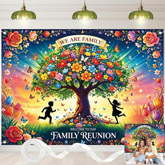 Family Reunion Backdrop Colorful Floral Tree Butterfly Background ...