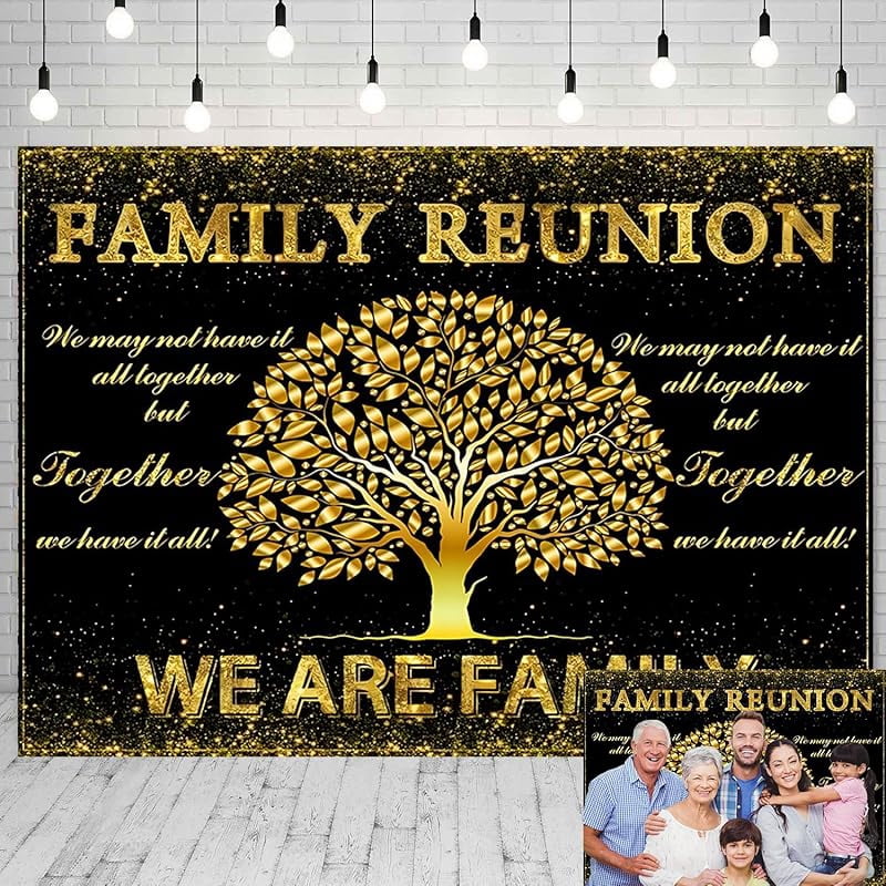 ZTHMOE Family Reunion Backdrop - 8x5ft Fabric Banner With Family Tree Design, Gold & Green, For Photo Booths & Party Decor