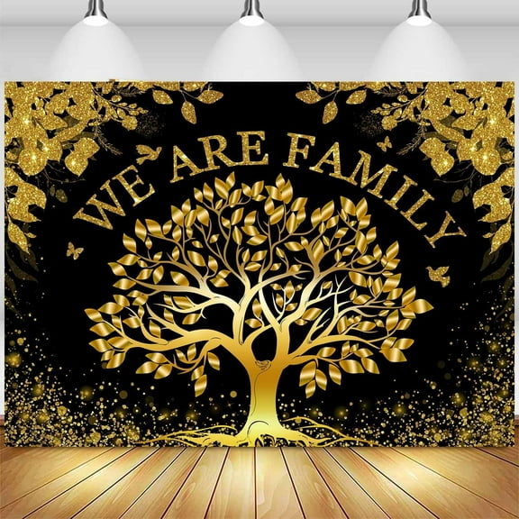 Family Reunion Backdrop Gold Black We are Family Glitter Family Tree Photography Background Welcome to Our Family Members Gathering Party Decorations Supplies Photo Booth Banner