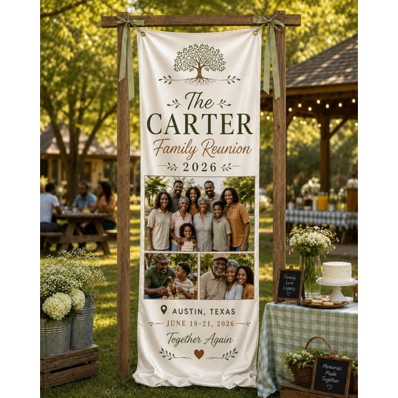 Family Reunion Photo Fabric Banner, Custom Surname Welcome Sign, Personalized Satin Gathering Backdrop
