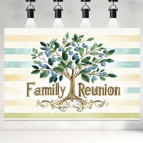 Family Reunion Scene Backdrop Colorful Stripe Photography Background with Green Family Tree Blue Leaves Decorations for Sweet Home Housewarming Party Cake Smash Photo Props