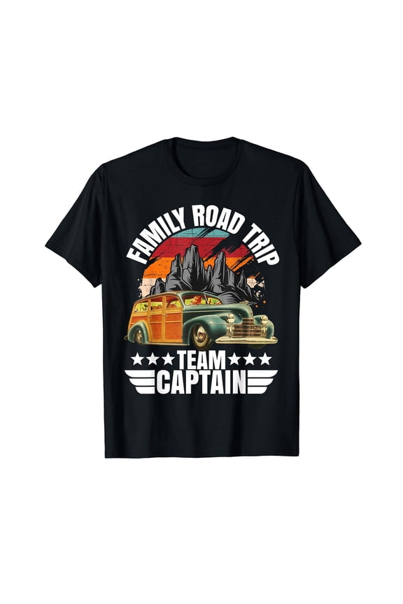 Family Road Trip Team Captain Summer Vacation Travel Casual Cotton T-Shirt Black Tee
