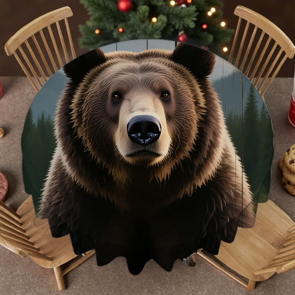 Family Round Tablecloth - Rustic Forest Bear Print, 2D Flat Printing Machine-Made tablecloth round, Cafe, dinner, brunch, buffet, picnic