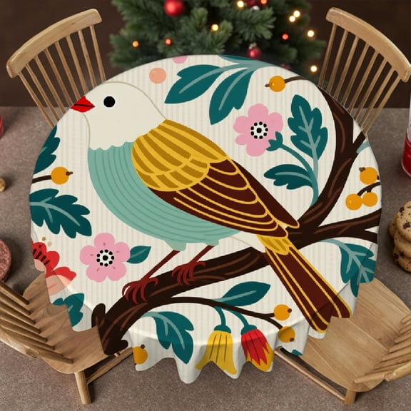 Family Round Tablecloth - Vintage Bird Floral Print, 2D Flat Printing  Holiday-Themed Design Tablecloth for dining table round, Cafe, dinner, brunch, buffet, picnic